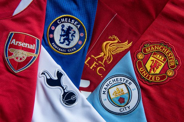 The so-called top six Premier League club crests, Liverpool, Manchester City, Manchester United, Chelsea, Tottenham Hotspur and Arsenal on their first team home shirts on May 13, 2020