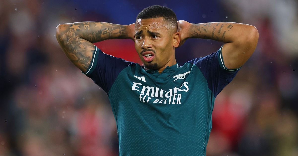 SEVILLE, SPAIN - OCTOBER 24: Gabriel Jesus of Arsenal FC reacts during the UEFA Champions League match between Sevilla FC and Arsenal FC at Estadio Ramon Sanchez Pizjuan on October 24, 2023 in Seville, Spain. (Photo by Fran Santiago/Getty Images)