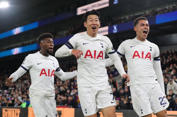 Son Heung-min of Tottenham Hotspur celebrates with teammates after scoring hus side's second goal during the Premier League match between Crystal Palace and Tottenham Hotspur at Selhurst Park on October 27, 2023 in London, England.